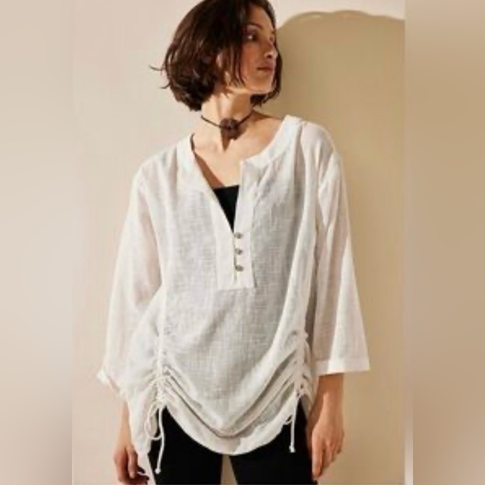 FP Movement by Free People White Gauze Button-Front Tunic with Side Drawstrings.